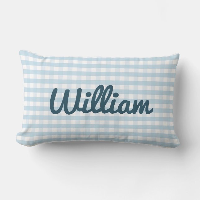 Rectangle Coussin de crèche bleu clair En vichy avec nom (Recto)