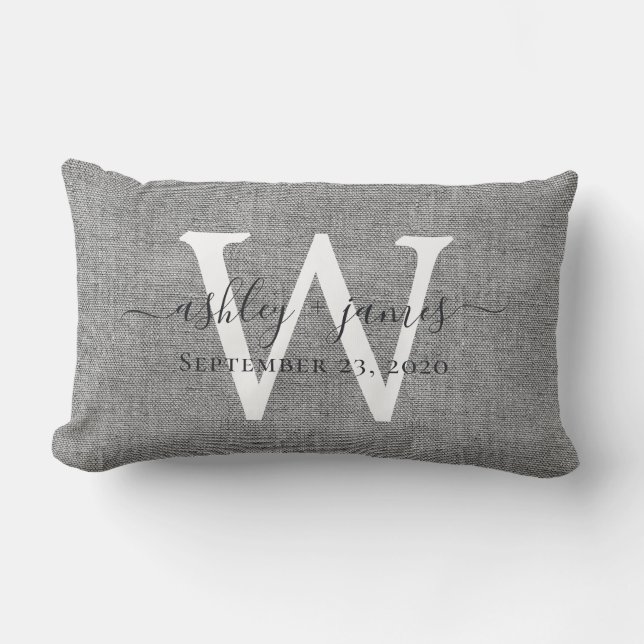 Rectangle Coussin de mariage en lin gris avec monogramme bla (Recto)