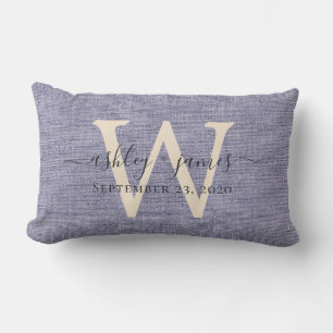 Rectangle Coussin de mariage en lin ivoire bleu avec monogra