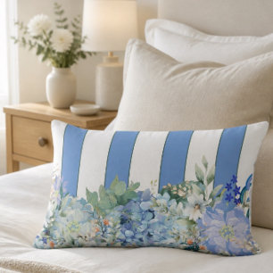 Rectangle Coussin Lombaire Fleur Hydrangea Bleue et Rayures