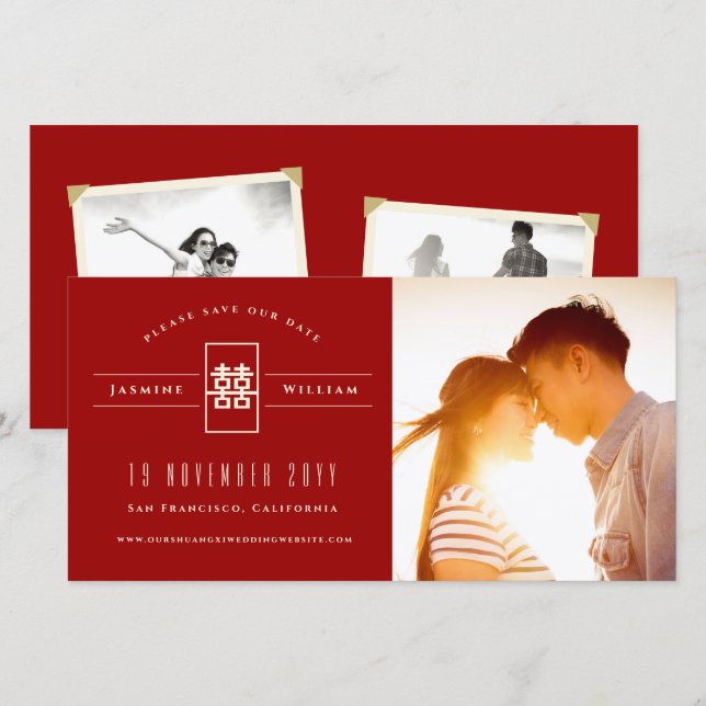 Rectangle Double Happiness Chinese Wedding Foto Save The Date (Vorne/Hinten)