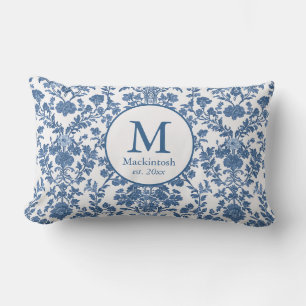 Rectangle Élégant Coussin de Toile Bleue Monogramme Lumbar