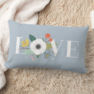 Rectangle Floral Love Valentine's Day Lumbar Coussin - Bleu