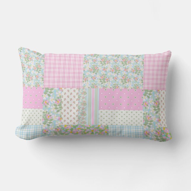 Rectangle Joli chien rose Rose Faux Patchwork Lumbar Coussin (Recto)