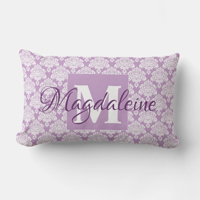 Rectangle Lavender Damask Coussin avec Monogram & Name (Recto)