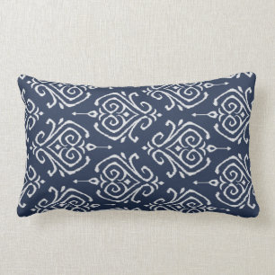 Rectangle Moderne chic damassé bleu et blanc coussin ikat