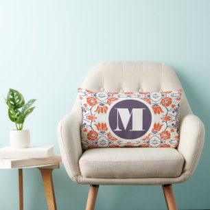 Rectangle Monogramme Purple Orange Mint Floral Coussin moder