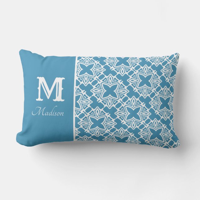 Rectangle Nom du monogramme Coussin Lumbar Turquoise et blan (Recto)