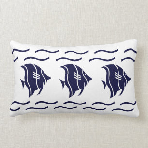 Rectangle poisson bleu marine & vagues sur un COUSSIN blanc