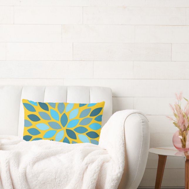 Rectangle Starburst moderne Coussin de fleurs bleu et moutar (Canapé)