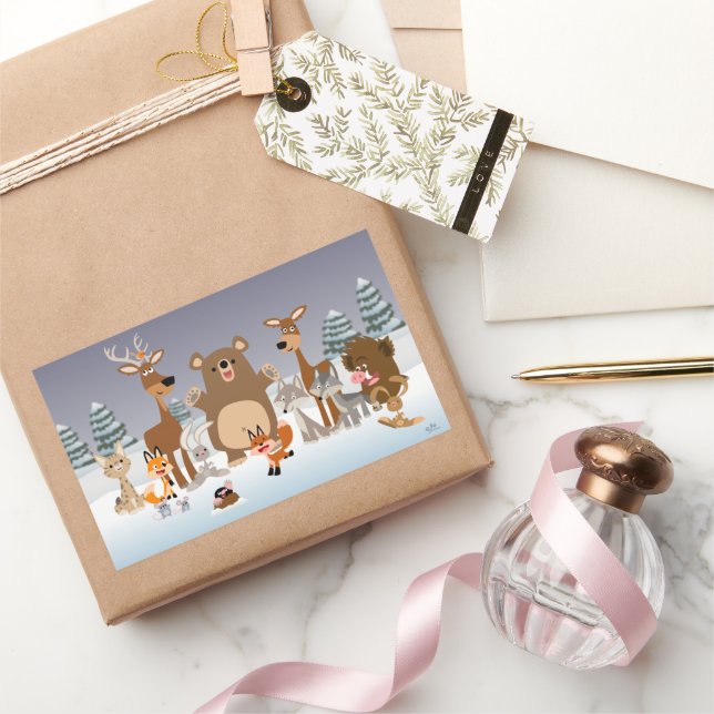 Rectangulaire Joyeux Noël! Sticker pour animaux de forêt mignons (Cadeaux)