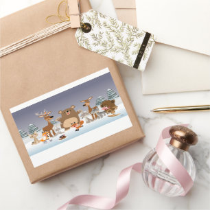 Rectangulaire Joyeux Noël! Sticker pour animaux de forêt mignons