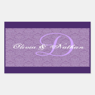 Rectangulaire Sticker Monogramme D violet et blanc Mariage