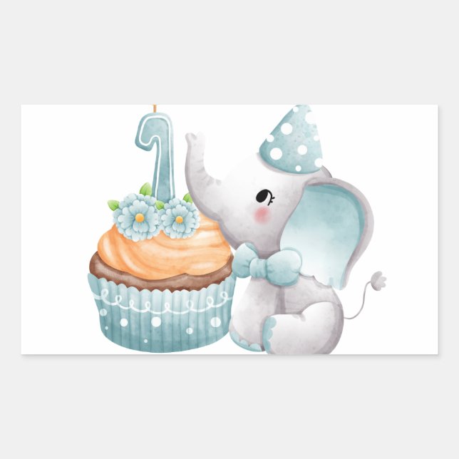 Rectangulaire Sticker pour bébé éléphant premier anniversaire bl (Devant)