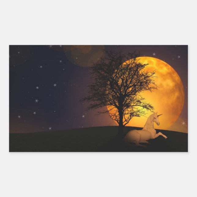 Rectangulaire Unicorne Sous Arbre Dans Un Sticker Lune (Devant)