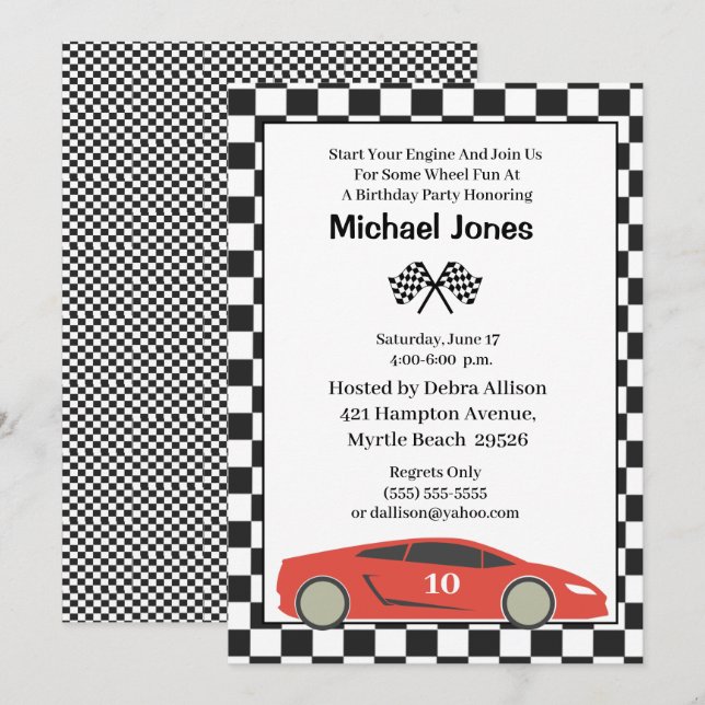 Red 10th Birthday Race Car Invitation (Devant / Derrière)