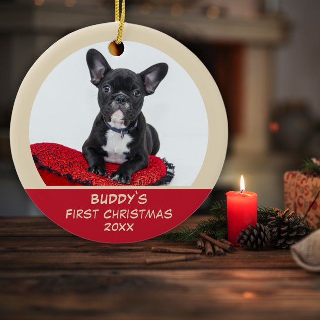 Red 1e Christmas Puppy Doet Foto Keramik Ornament (Von Creator hochgeladen)