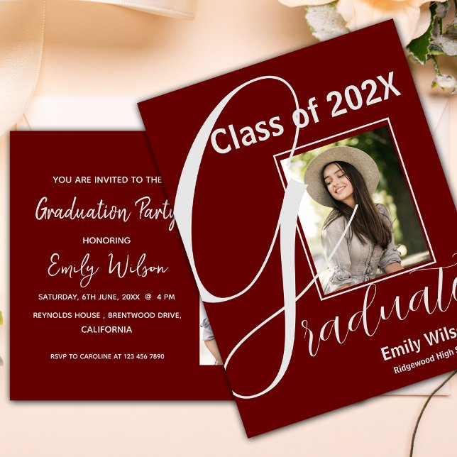 Red 2025 GRAD Foto Graduation Party Einladung Postkarte (2024 GRAD 2 Photo Graduation Party Invitation Postcard)