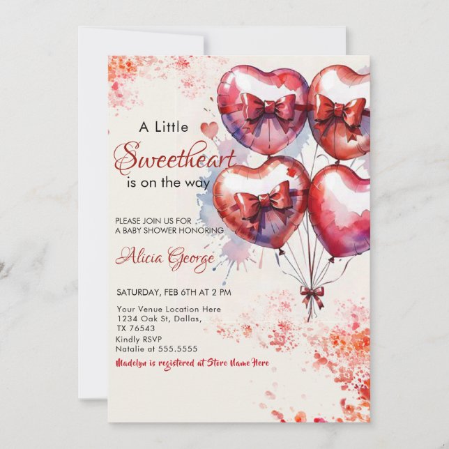 Red A Little Sweetheart Balloons & Bugbaby Dusche Einladung (Vorderseite)