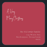 Red a Sehr froh Christmas Square Umschlag Aufklebe Quadratischer Aufkleber<br><div class="desc">Diese roten und fröhlichen Weihnachtsquadrat-Umschlag Aufkleber sind perfekt für Ihren minimalistischen Shabby Chic boho rot-weiß Feiertag Gruß. Die minimale whimsical handgeschriebene Kalligraphie ist delikat und rustikal, bleibe elegant und elegant. Sie werden feststellen, dass alles über dieses Produkt bearbeitbar ist, also fühlen Sie sich frei, Bilder oder mehr Text hinzuzufügen. Wenn...</div>