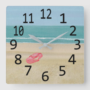 Red Abstract Sand Crab Beach Large Black Numbers Quadratische Wanduhr
