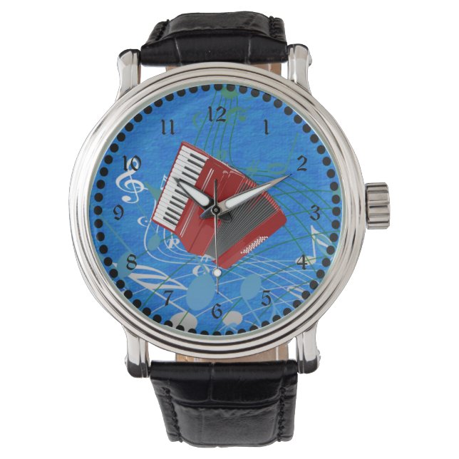 Red Accordion on Musical Notes Armbanduhr (Vorderseite)