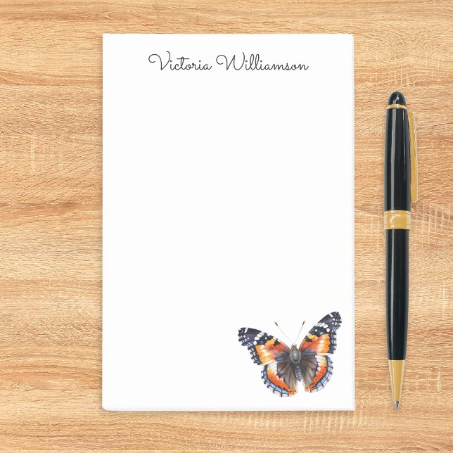 Red Admiral Butterfly Watercolor Personalized Post-it Klebezettel (A set of sticky notes with watercolor-effect butterfly and custom name in elegant script typography)