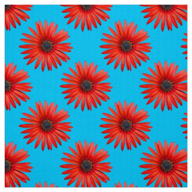 Red African Daisy Pattern auf Sky Blue Stoff (Muster)
