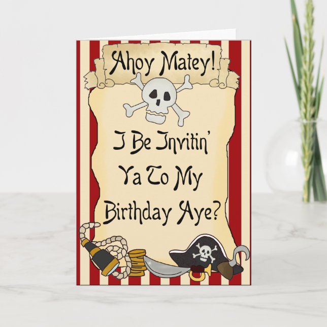 Red Ahoy Matey Pirate Birthday Invites Einladung (Vorderseite)