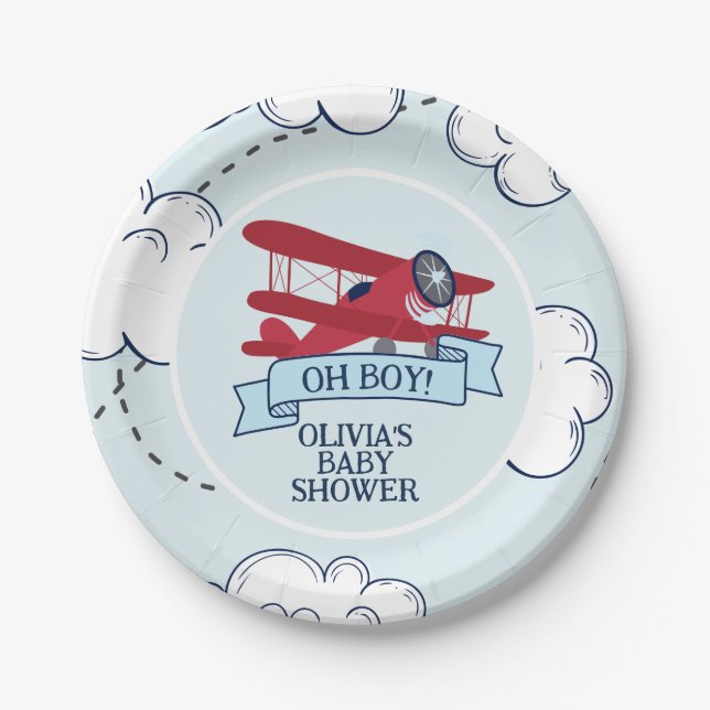 Red Airplane Baby Dusche Pappteller (Vorderseite)