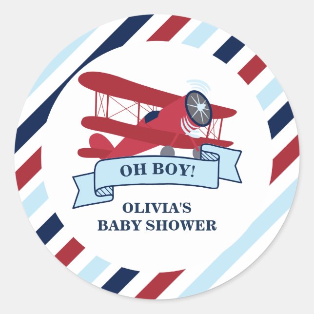 Red Airplane Baby Dusche Runder Aufkleber (Vorderseite)