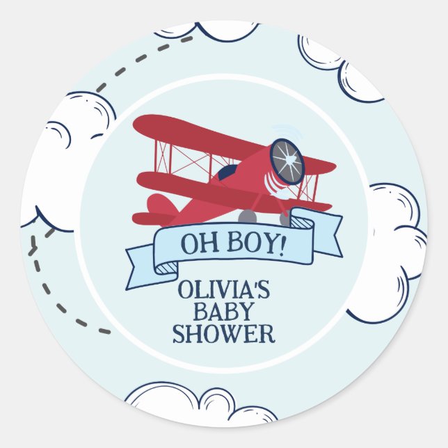 Red Airplane Baby Dusche Runder Aufkleber (Vorderseite)