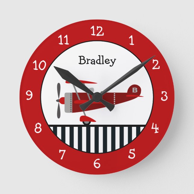Red Airplane Personalized Runde Wanduhr (Vorderseite)