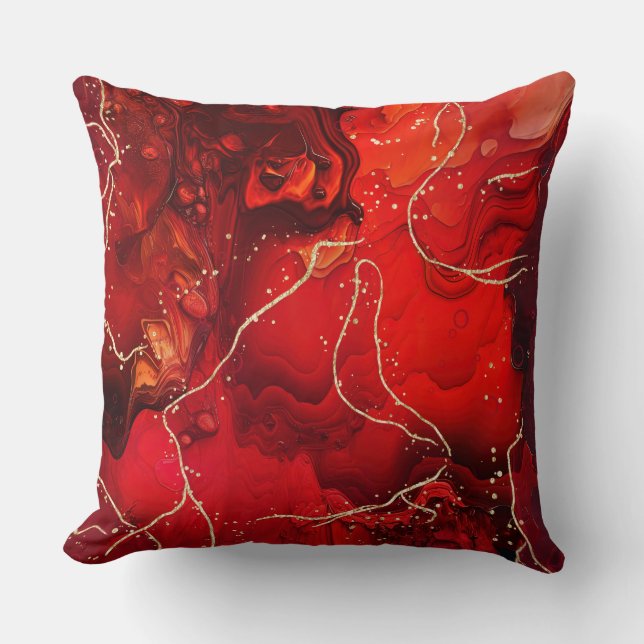 Red Alcohol Ink Gold Abstrakt Fluid Throw Kissen (Vorderseite)