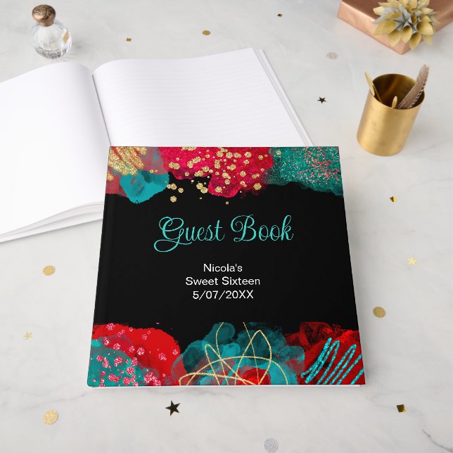 Red Alcohol Ink Sweet 16 Birthday Party  Gästebuch (Vorderseite offen)
