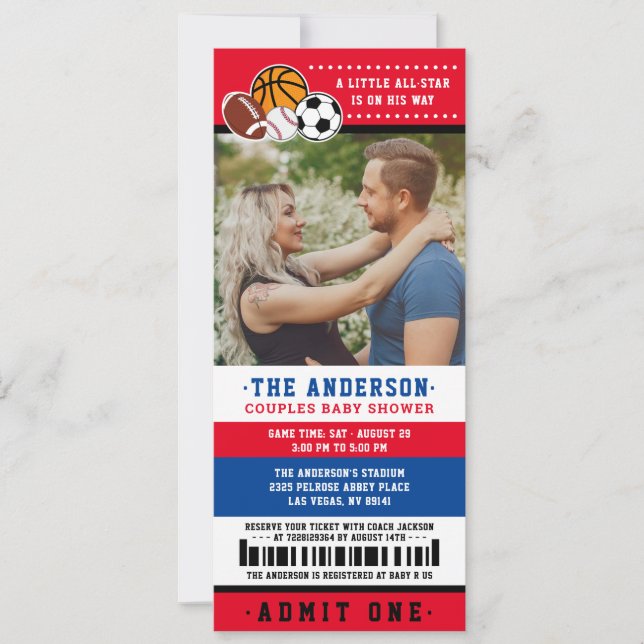 Red All Star Sport Ticket Paare Dusche Foto Einladung (Vorderseite)