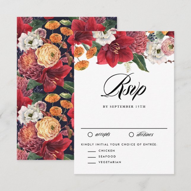 Red Amaryllis Botanical Winter Wedding RSVP Karte (Vorne/Hinten)