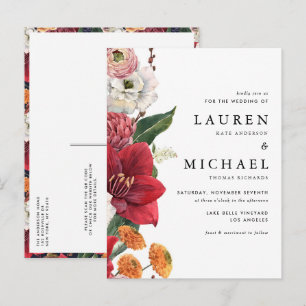 Red Amaryllis und Autumn Floral QR Code Wedding Einladungspostkarte