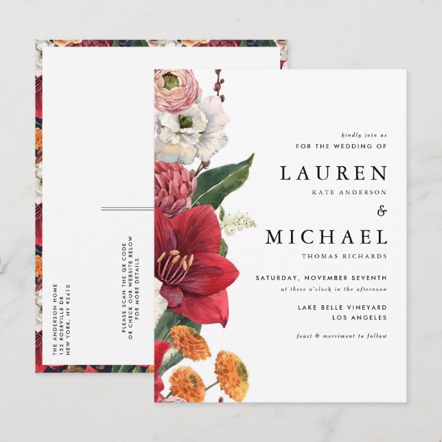 Red Amaryllis und Autumn Floral QR Code Wedding Einladungspostkarte (Vorne/Hinten)