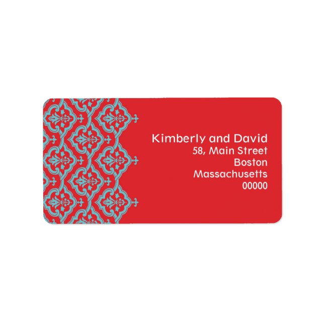 Red and Aqua Damask Wedding Address Labels Adressaufkleber (Vorne)