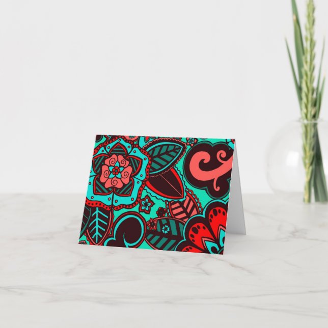 Red and Aqua Floral Karte (Vorderseite)
