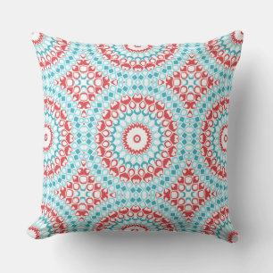 Red and Aqua Geometric Mandala Pattern Kissen