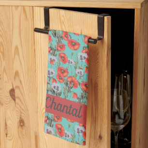 Red and Aqua Poppies Muster Personalisiert Geschirrtuch