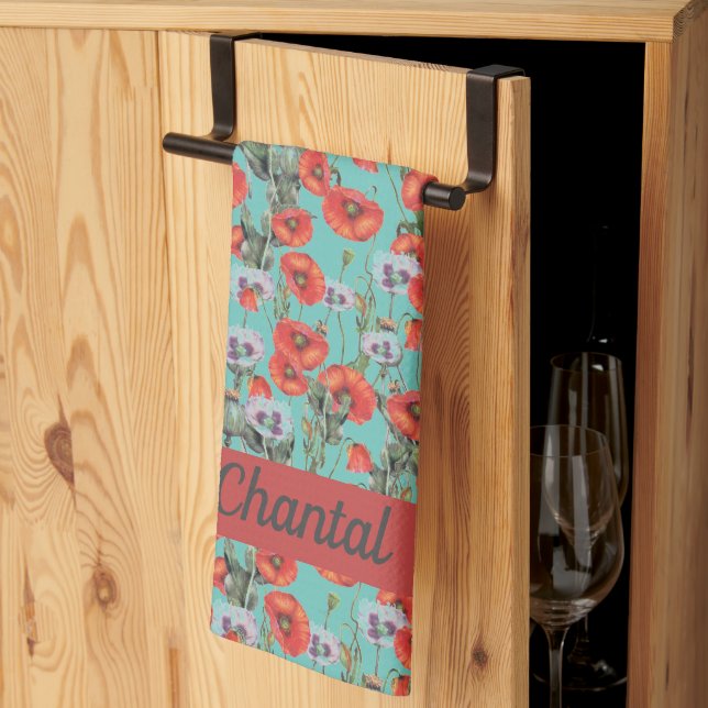 Red and Aqua Poppies Muster Personalisiert Geschirrtuch (Drittel gefaltet)