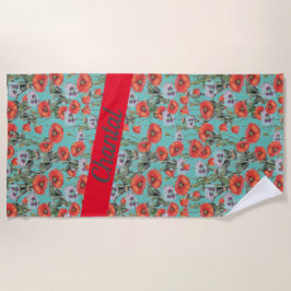 Red and Aqua Poppies Muster Personalisiert Strandtuch