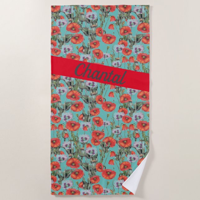 Red and Aqua Poppies Muster Personalisiert Strandtuch (Vorderseite)
