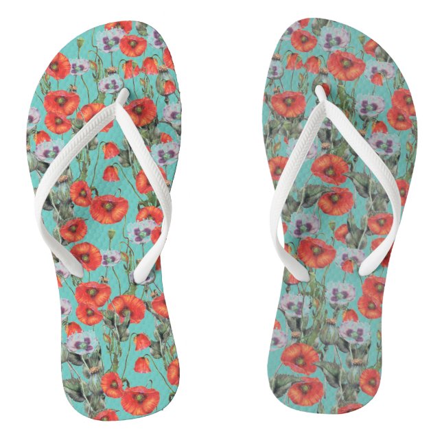 Red and Aqua Poppies Pattern Flip Flops (Fußbett)