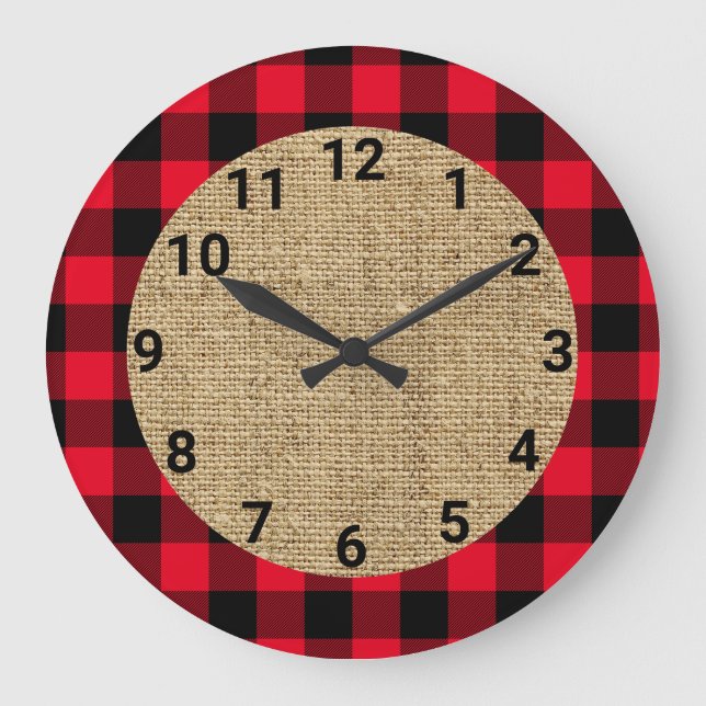 Red and Black Buffalo Plaid Burlap Circle Große Wanduhr (Vorderseite)