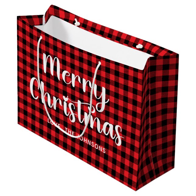 Red and Black Buffalo Plaid Merry Christmas Große Geschenktüte (Vorderseite Schrägansicht)