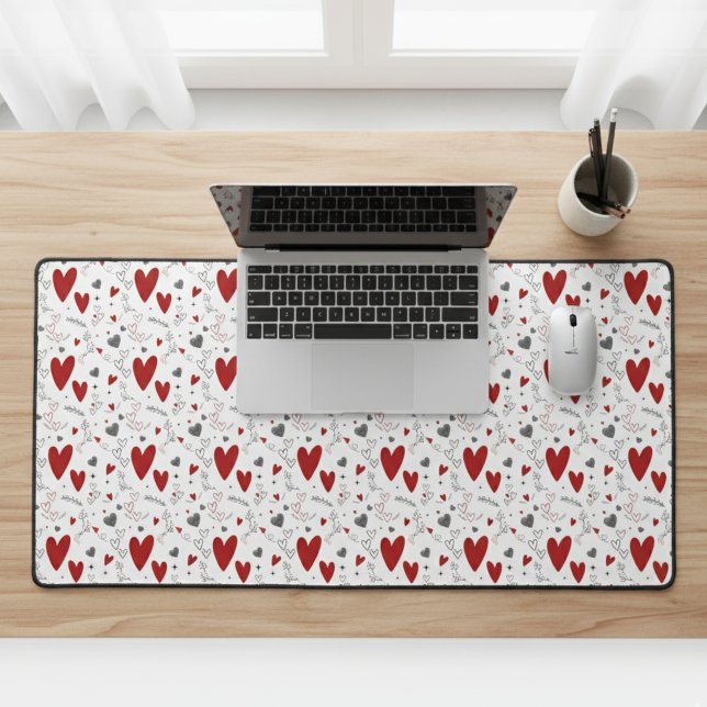 Red and Black Doodle Hearts Love  (red and black hand drawn hearts and doodles desk mat for home office work gift for her mom wife gf)